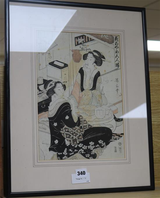 Kukugawa Yeizan working 1800 to 1825, woodblock print, Geisha around a table, 34 x 24cm
